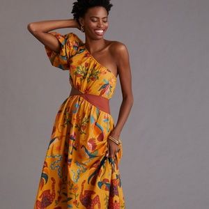 Farm Rio x Anthropologie Sunny Jungle One Shoulder Cut Out Maxi Dress Yellow L